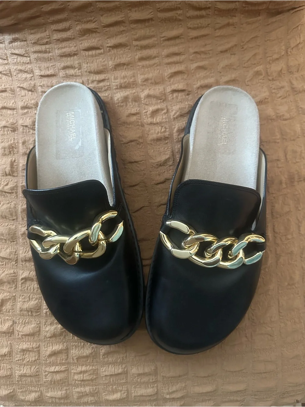 Michael Kors Black Leather Mules with Oversized Gold Chain